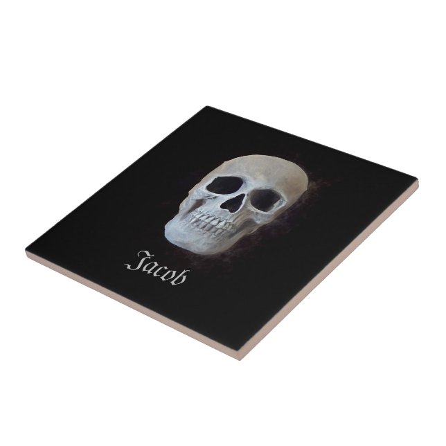 Skull Black And White Gothic Trendy Art Design Ceramic Tile (Side)