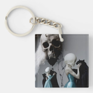 Skull Black Cat Shadow Work Occult Witchy AI Art Key Ring