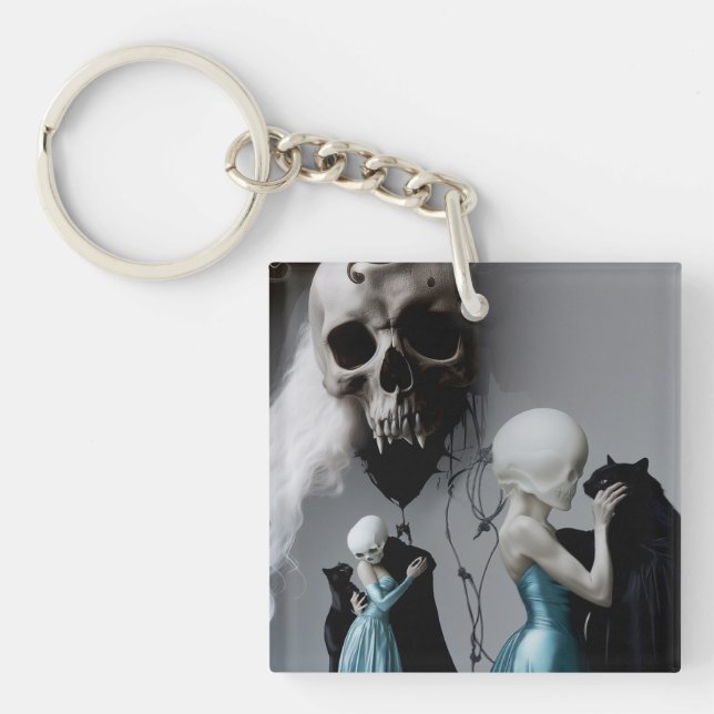 Skull Black Cat Shadow Work Occult Witchy AI Art Key Ring (Front)