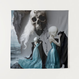 Skull Black Cat Shadow Work Occult Witchy AI Art Tapestry