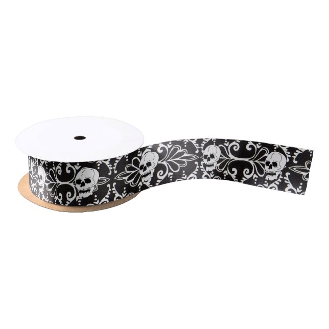 Skull Black White Damask Scrolls Satin Ribbon (Spool)
