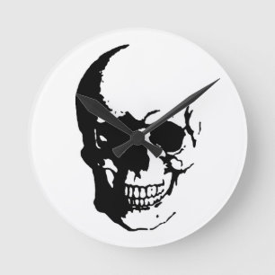 Skull - Black & White Metal Fantasy Art Round Clock