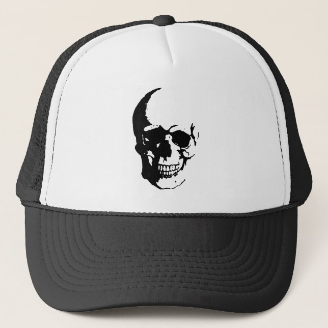 Skull - Black & White Metal Fantasy Art Trucker Hat (Front)
