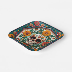 💀🌹Skull & Bloom Square Dia de los MuertosFiesta Paper Plate