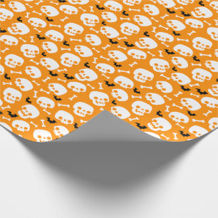 Skull Bone Bat Black White Orange Halloween Party Wrapping Paper