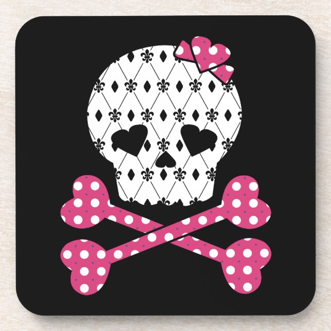 Skull & Bones Fleur-de-lis Pink Polka Dot Coaster (Front)