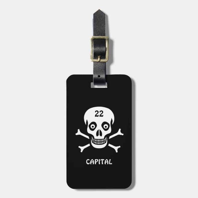 Skull, bones on black luggage tag (Front Vertical)