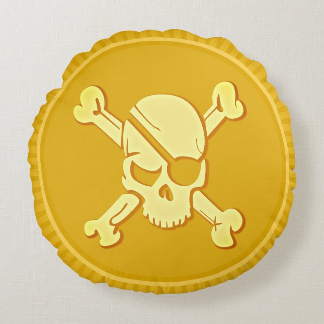 Skull & Bones Pirate Dubloon Coin Treasure Round Cushion (Front)