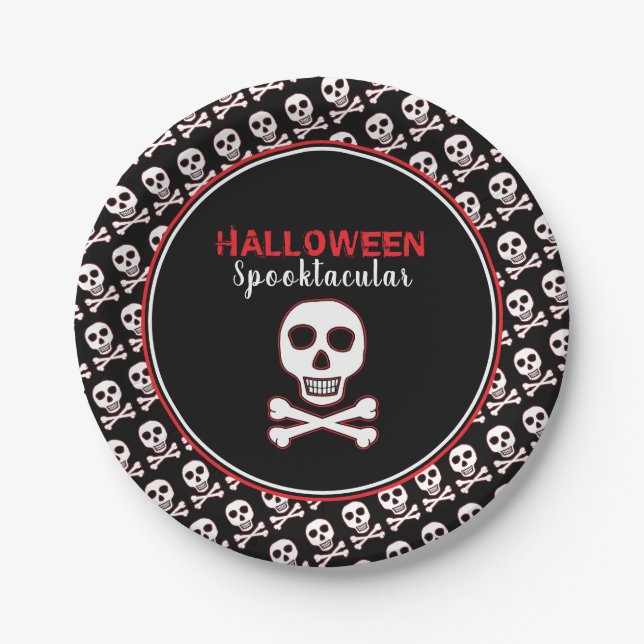 Skull & Bones, Red Halloween Party Paper Plate (Front)