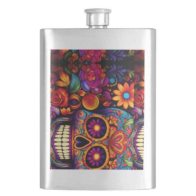 skull, bony, skeleton, bones hip flask (Front)