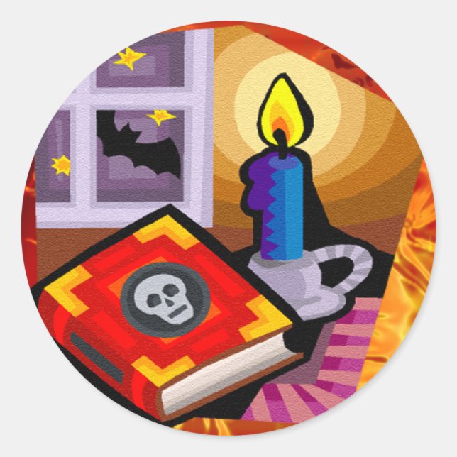 Skull Book, Candle Stick and Bat Outside Classic Round Sticker (Front)