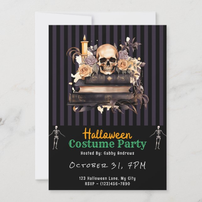 Skull Books Gold and Grey Roses Black Halloween Invitation (Front)