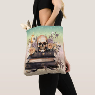 Skull Books Gold and Grey Roses Halloween Tote Bag
