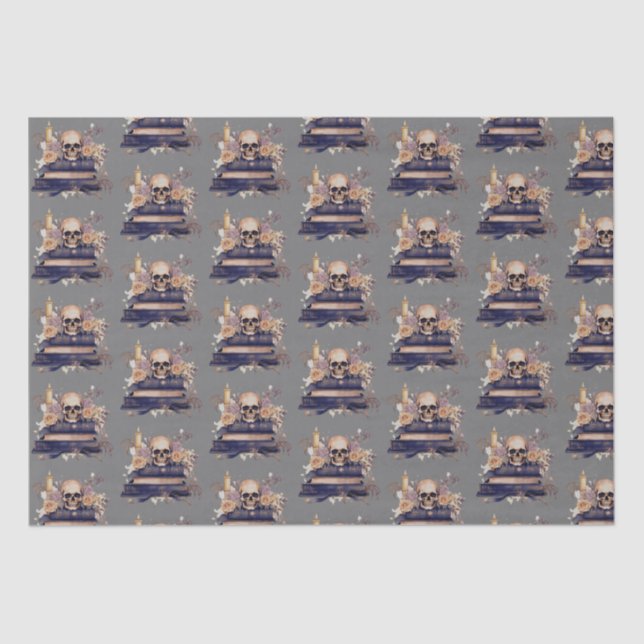Skull Books Grey Gold Roses Pattern Halloween Tissue Paper (Front)