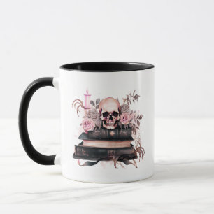 Skull Books Pink and Grey Roses Halloween Mug