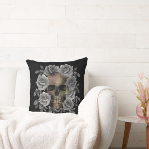 SKULL BOUQUET FLOWERS BLACK AND WHITE CUSHION