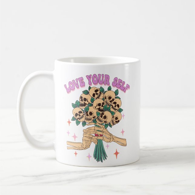  Skull Bouquet Love Yourself Valentine Retro Pink Coffee Mug (Left)