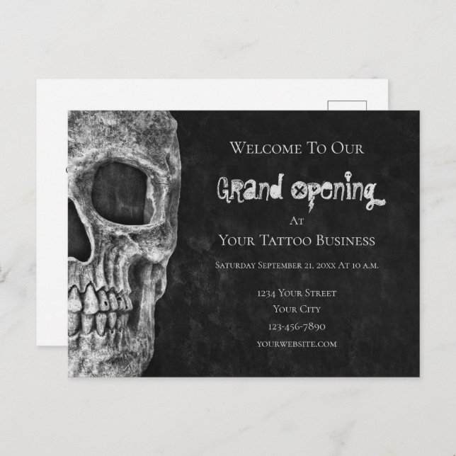 Skull Budget Grand Opening Black White Tattoo Shop Postcard (Front/Back)