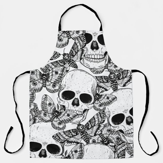 Skull, butterflies: hand-drawn vintage pattern apron (Front)