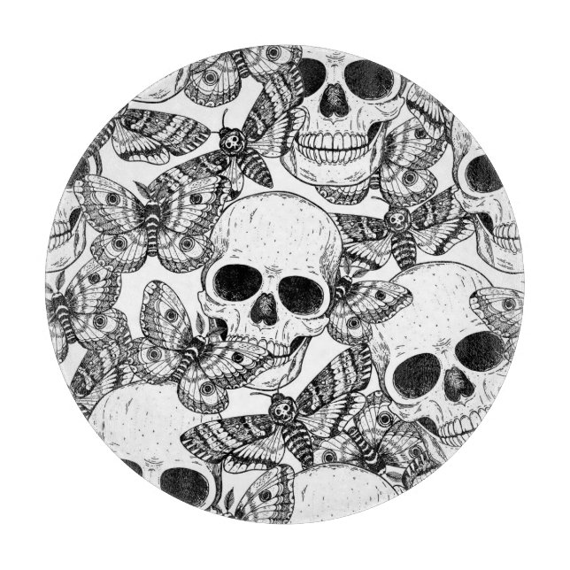 Skull, butterflies: hand-drawn vintage pattern cutting board (Front)