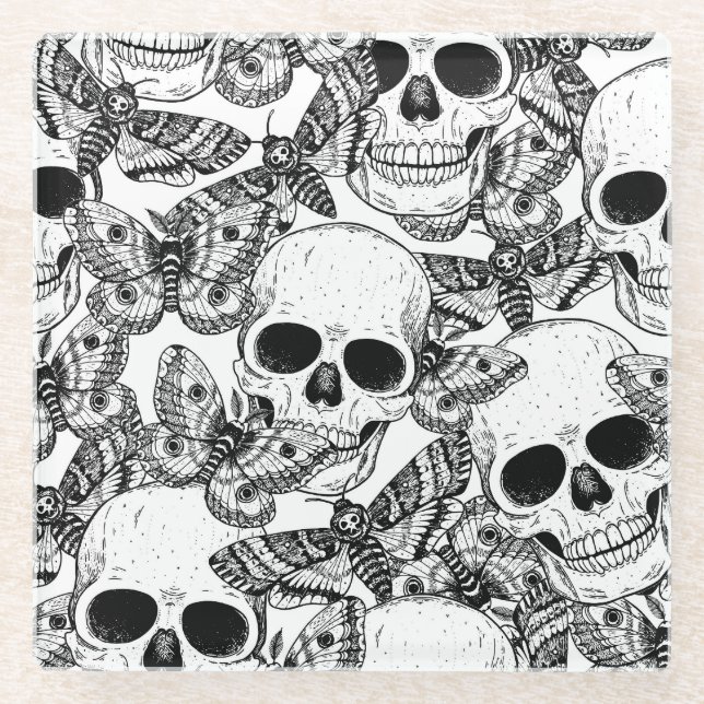 Skull, butterflies: hand-drawn vintage pattern glass coaster (Front)