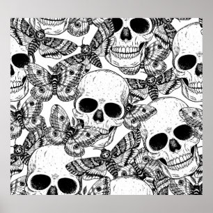 Skull, butterflies: hand-drawn vintage pattern poster