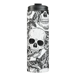 Skull, butterflies: hand-drawn vintage pattern thermal tumbler