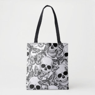 Skull, butterflies: hand-drawn vintage pattern tote bag