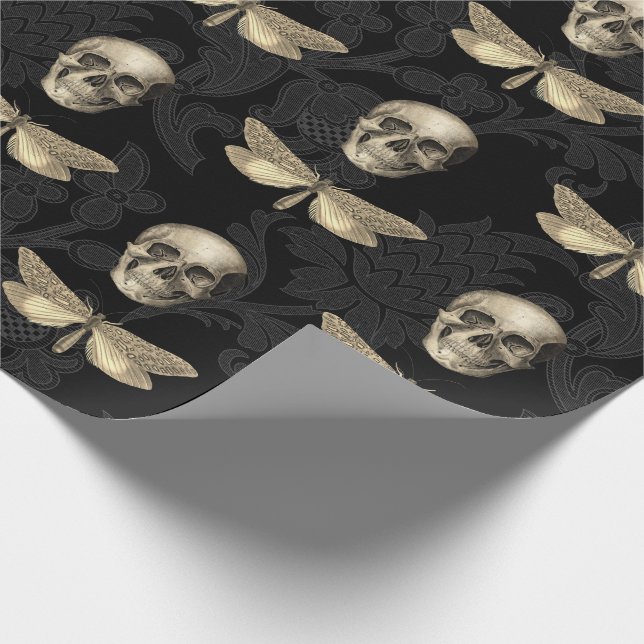 Skull & Butterfly Black Lace Wrapping Paper (Corner)