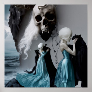 Skull Cat Shadow Work Witchy AI Art Matte Value Poster