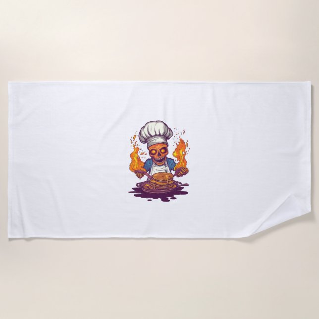 Skull Chef Madness – Funny Cooking Skeleton Beach Towel (Front)