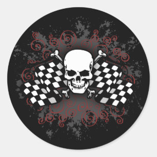 Skull-chequered flags-splat classic round sticker