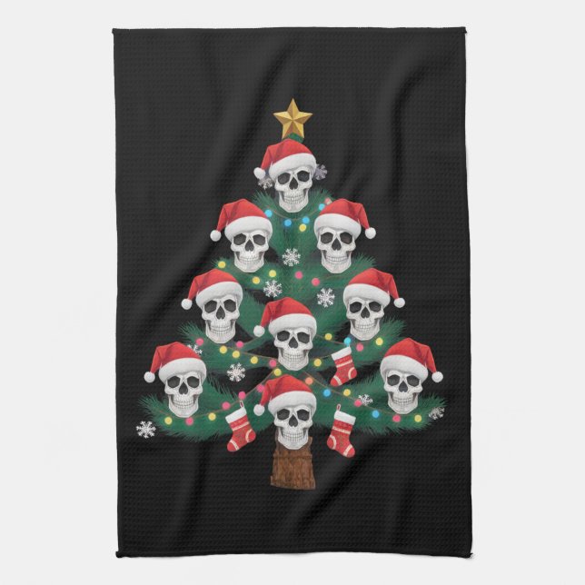 Skull Christmas Tree Pajama Cool Skeleton Santa  Tea Towel (Vertical)