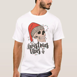 Skull Christmas Vibes Skeleton Santa Hat Xmas Holi T-Shirt