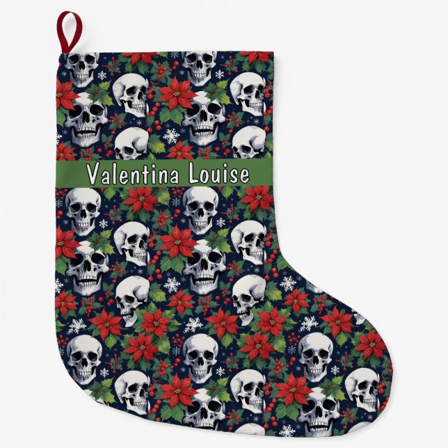 Skull Christmas With Poinsettias & Snowflakes Large Christmas Stocking (Front)