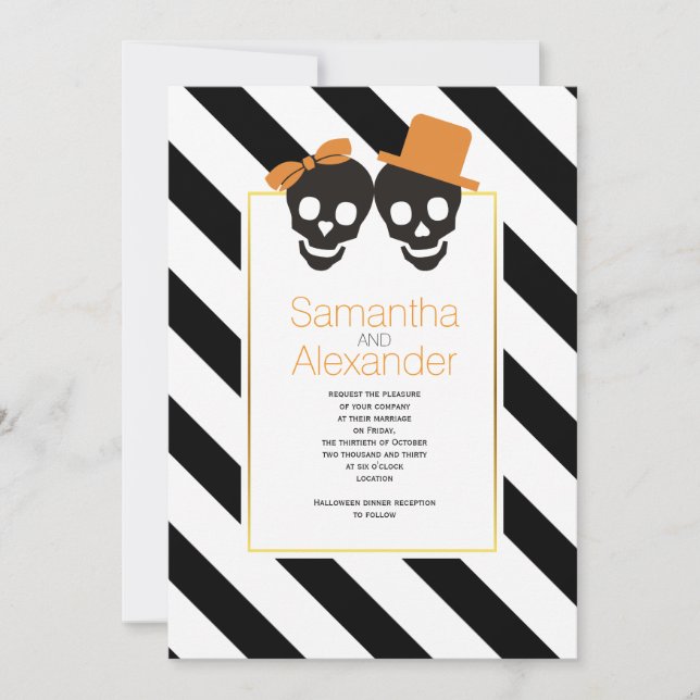 Skull couple black white stripes trendy Halloween Invitation (Front)