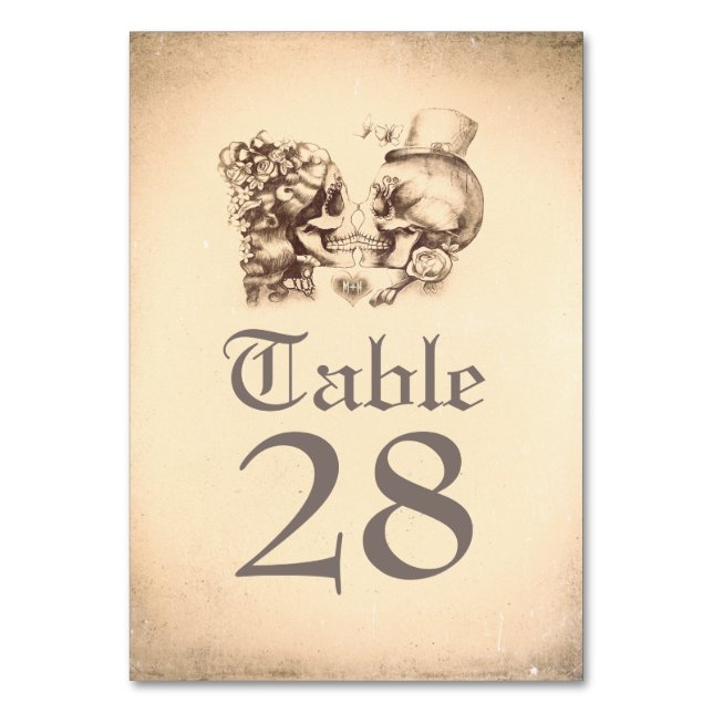 Skull Couple Day of Dead Wedding Table Numbers (Front)