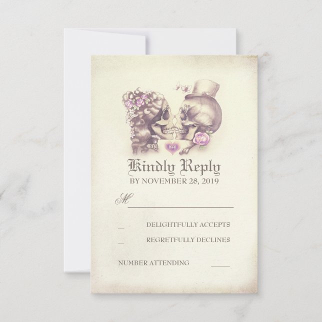 Skull Couple Dead Day Wedding RSVP Cards (Front)