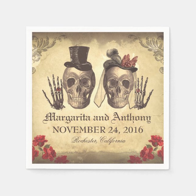 Skull couple Gothic wedding paper napkins (Front)