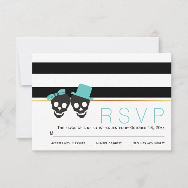 Skull couple stripes aqua Halloween wedding RSVP (Front)