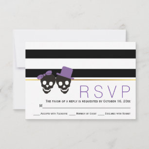 Skull couple stripes purple Halloween wedding RSVP Card