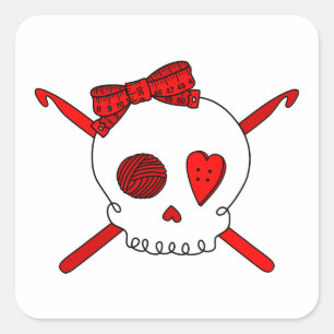 Skull & Crochet Hooks (Red) Square Sticker