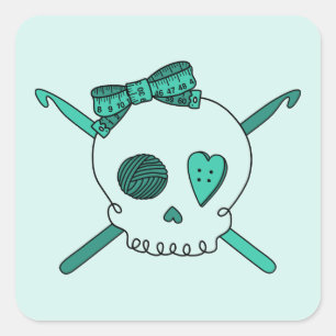 Skull & Crochet Hooks (Turquoise Background) Square Sticker
