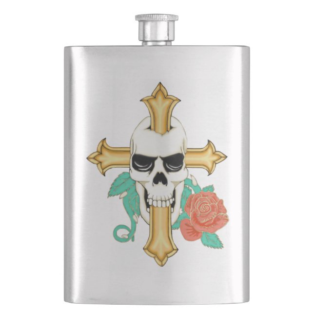 Skull Cross and Rose Hip Flask (Front)