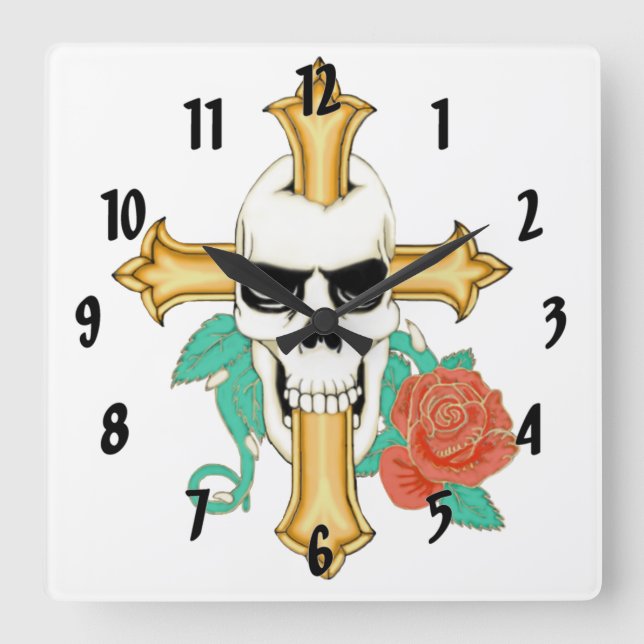 Skull Cross And Rose Square Wall Clock (Front)