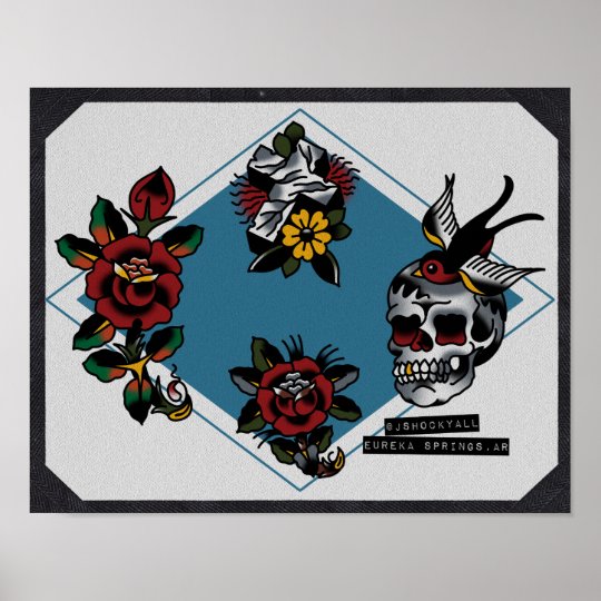 Download Traditional Skull And Rose Tattoo Flash Background