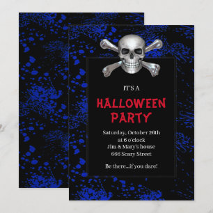 Skull Crossbones Blue Splattered Halloween Party Invitation