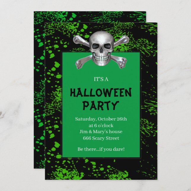 Skull Crossbones Green Splattered Halloween Party Invitation (Front/Back)