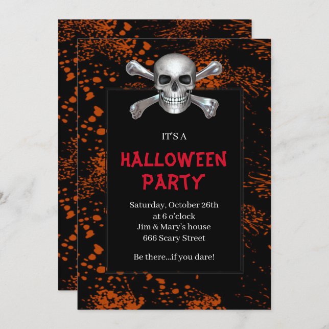 Skull Crossbones Orange Splattered Halloween Party Invitation (Front/Back)