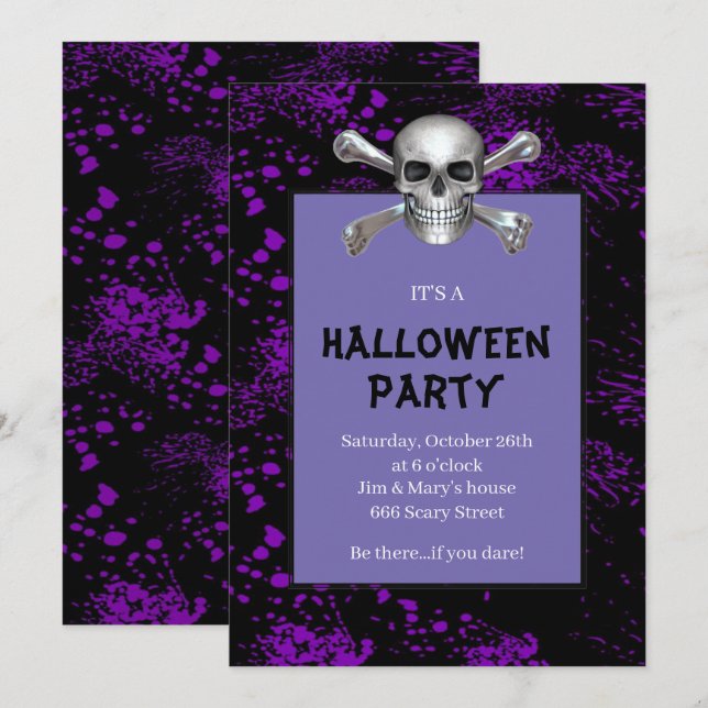 Skull Crossbones Purple Splattered Halloween Party Invitation (Front/Back)